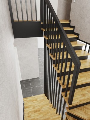 Отделка бетонной лестницы паркетными ступенями из ясеня и мдф с сквозным металлическим реечным ограждением в КП 