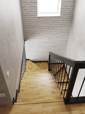 Отделка бетонной лестницы паркетными ступенями из ясеня и мдф с сквозным металлическим реечным ограждением в КП 