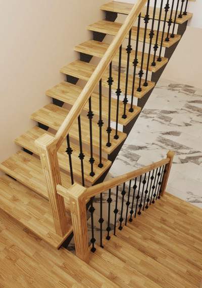 Металлическая лестница с деревянными ступенями из паркетного дуба и с металлическими балясинами 2