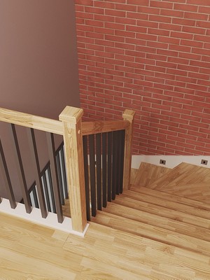 Отделка бетонной лестницы паркетными ступенями из ясеня и мдф с реечным ограждением и светильниками 2