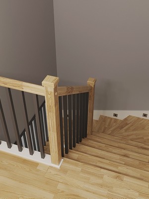 Отделка бетонной лестницы паркетными ступенями из ясеня и мдф с реечным ограждением и светильниками 4