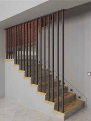 Отделка бетонной лестницы паркетными ступенями из ясеня и мдф с реечным ограждением и светильниками 1