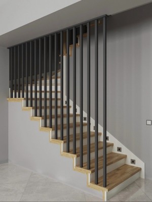 Отделка бетонной лестницы паркетными ступенями из ясеня и мдф с реечным ограждением и светильниками 3