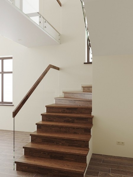 Отделка бетонной лестницы цельноламельными ступенями из ясеня и мдф со стеклянным ограждением и умной подсветкой в Трёхгорке