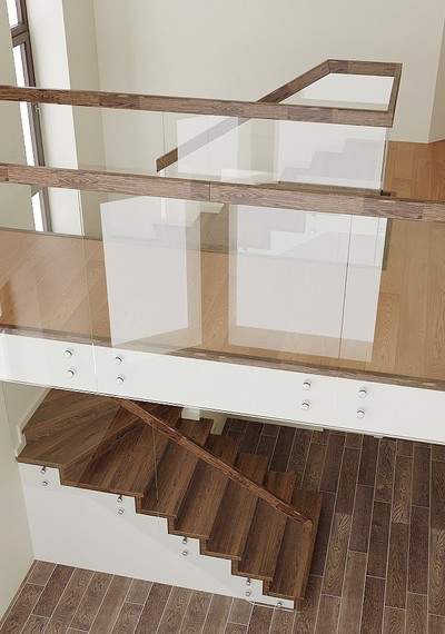Отделка бетонной лестницы цельноламельными ступенями из ясеня и мдф со стеклянным ограждением и умной подсветкой в Трёхгорке 8
