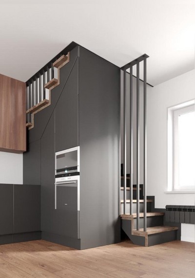 Лестница на металлокаркасе с деревянными ступенями в квартире 1