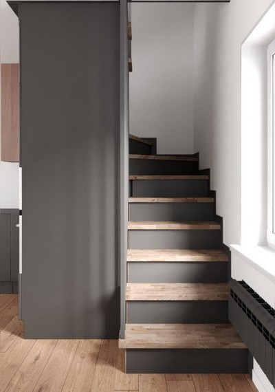 Лестница на металлокаркасе с деревянными ступенями в квартире 2
