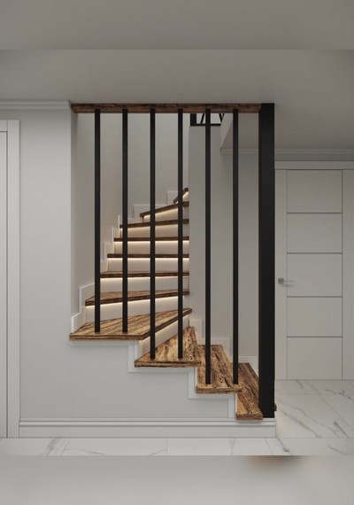 Лестница на металлокаркасе для квартиры П-образная с отделкой деревом и рейками 3