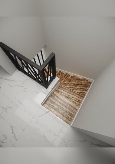 Лестница на металлокаркасе для квартиры П-образная с отделкой деревом и рейками 8