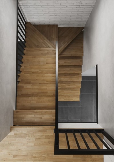 Открытая лестница на деревянном каркасе с рейками 4