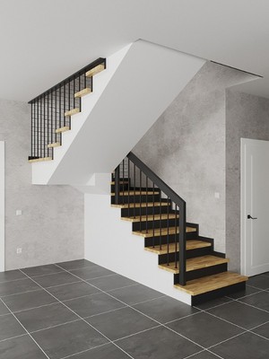 Отделка бетонной лестницы паркетными ступенями из ясеня и мдф с комбинированным ограждением  1
