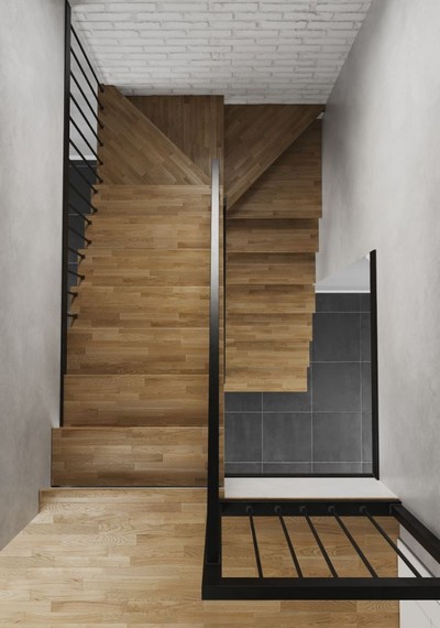 Открытая лестница на деревянном каркасе со ступенями из массива 4