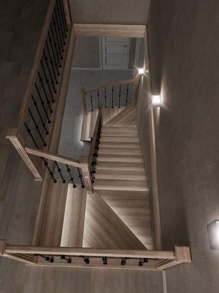 П-образная открытая лестница на ломаном косоуре с подсветкой