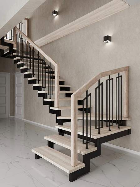 Открытая П-образная  лестница с дизайнерскими балясинами 