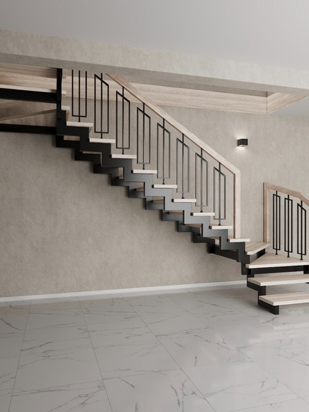 Открытая П-образная  лестница с дизайнерскими балясинами 