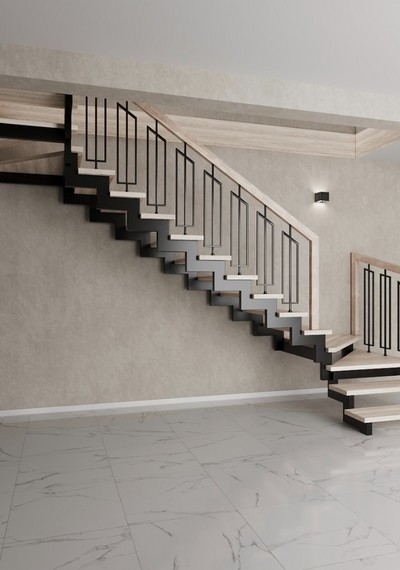 Открытая П-образная  лестница с дизайнерскими балясинами 2