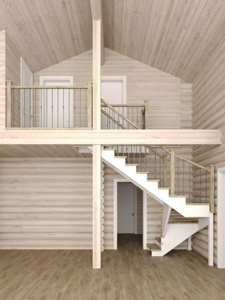 Деревянная открытая лестница на косоурах с облицовкой мдф с поворотом на 180° 