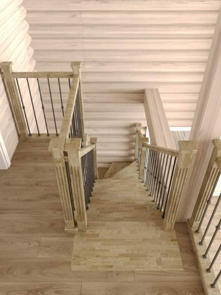 Деревянная открытая лестница на косоурах с облицовкой мдф с поворотом на 180° 