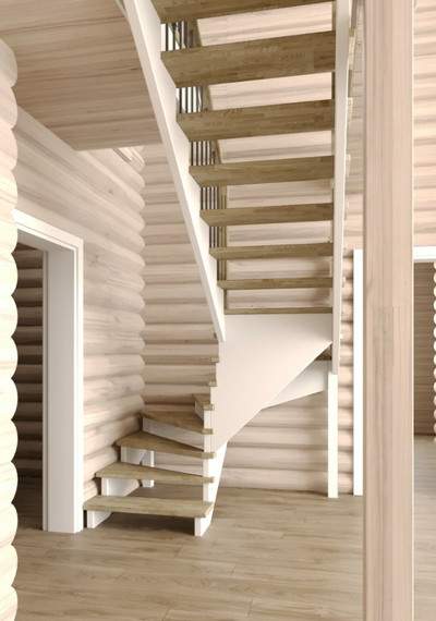 Деревянная открытая лестница на косоурах с облицовкой мдф с поворотом на 180°  1