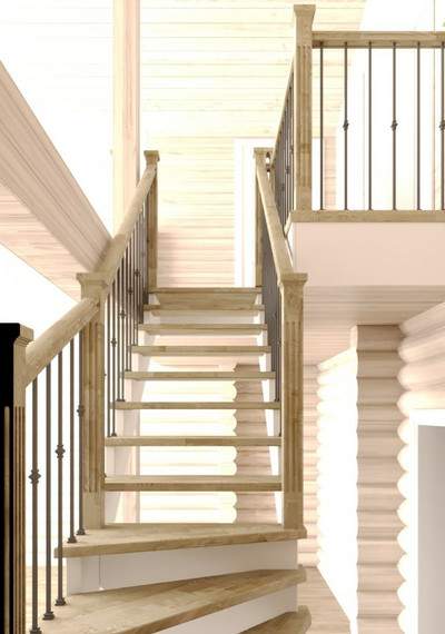 Деревянная открытая лестница на косоурах с облицовкой мдф с поворотом на 180°  3