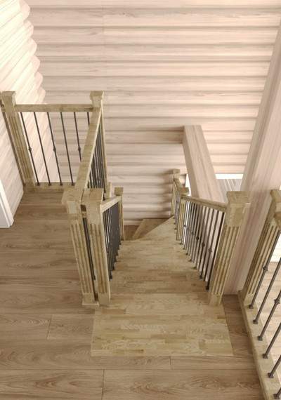 Деревянная открытая лестница на косоурах с облицовкой мдф с поворотом на 180°  4