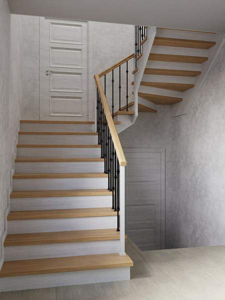 П-образная закрытая лестница на деревянных косоурах с металлическими балясинами