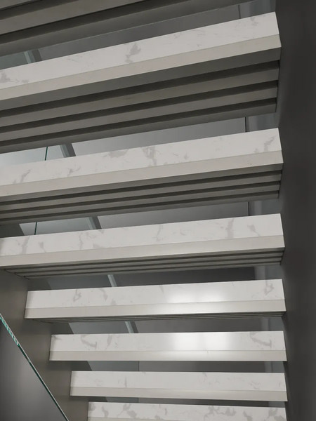 Открытая лестница на листовом каркасе со стеклянным ограждением